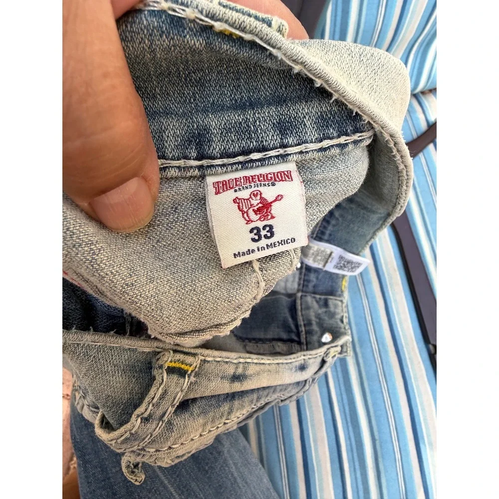 True Religion Skinny Flap Nat Big T Yellow Stitch Blue Jeans Mens 33 29254-00